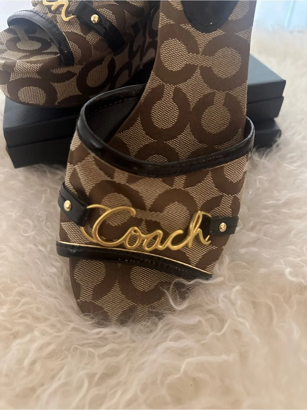 Coach Signature Logo Canvas Wedge Slide Sandals Open Toe Brown Beige 7B